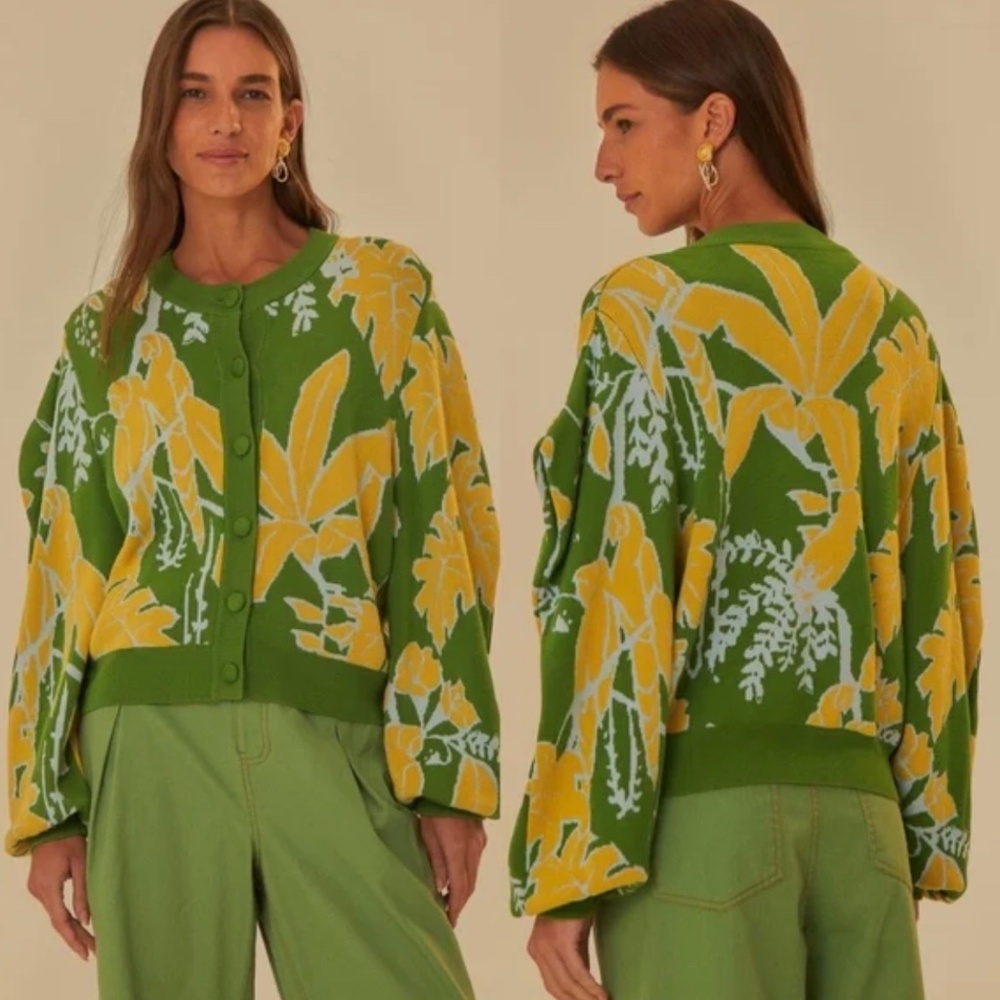 Green Foliage Sketch Knit Cardigan - Picture 2 of 7
